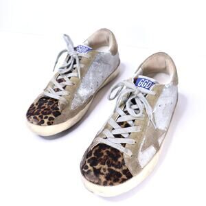 GOLDEN GOOSE Super-Star Glitter Leopard Suede White Lace Up Sneakers Women's 38